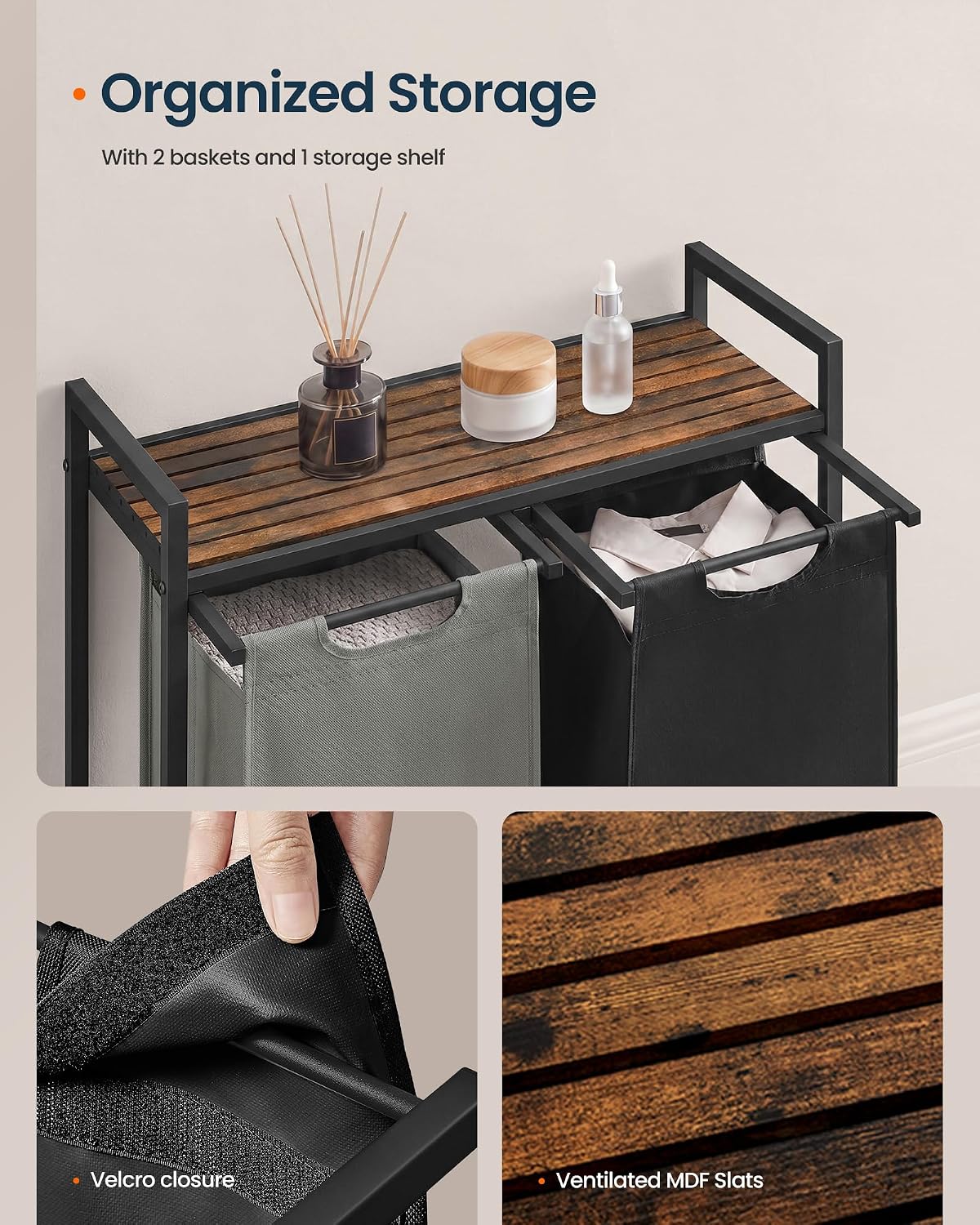Laundry Basket Sorter with Storage Shelf, Laundry Hamper with Metal Frame, 2 x 12.1 Gallons (46 L), Gray and Rustic Brown