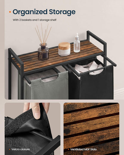Laundry Basket Sorter with Storage Shelf, Laundry Hamper with Metal Frame, 2 x 12.1 Gallons (46 L), Gray and Rustic Brown
