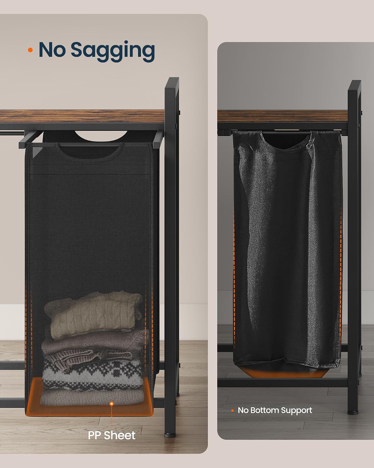 Laundry Basket Sorter with Storage Shelf, Laundry Hamper with Metal Frame, 2 x 12.1 Gallons (46 L), Gray and Rustic Brown