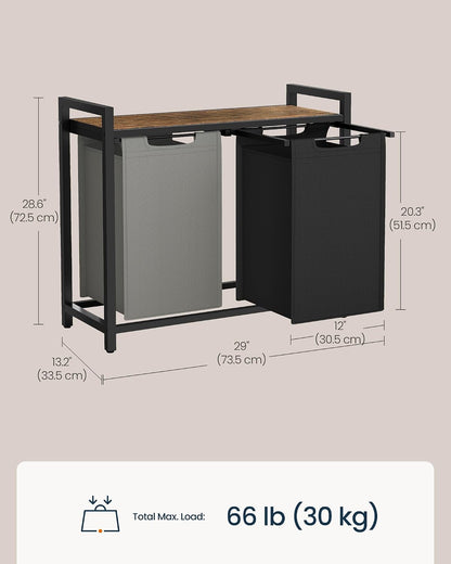 Laundry Basket Sorter with Storage Shelf, Laundry Hamper with Metal Frame, 2 x 12.1 Gallons (46 L), Gray and Rustic Brown