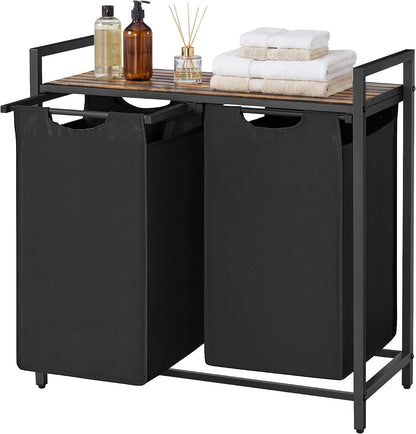 Laundry Basket Sorter with Storage Shelf, Laundry Hamper with Metal Frame, 2 x 12.1 Gallons (46 L), Gray and Rustic Brown