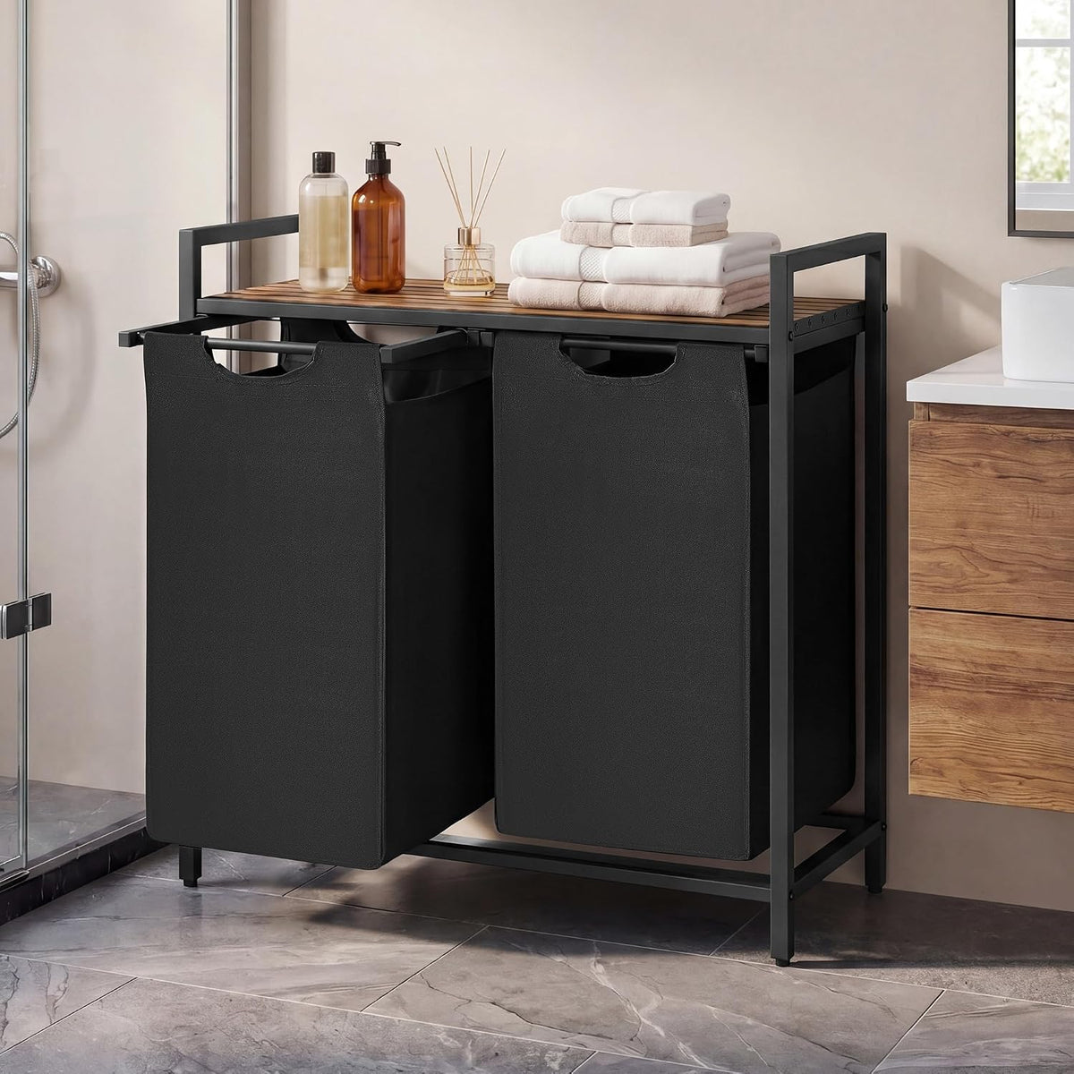 Laundry Basket Sorter with Storage Shelf, Laundry Hamper with Metal Frame, 2 x 12.1 Gallons (46 L), Gray and Rustic Brown