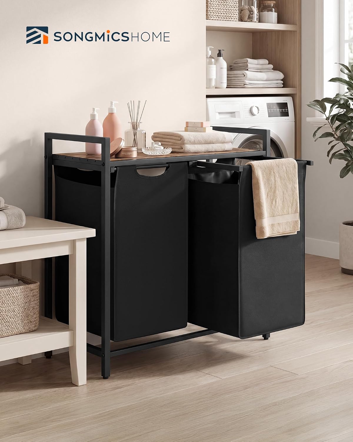 Laundry Basket Sorter with Storage Shelf, Laundry Hamper with Metal Frame, 2 x 12.1 Gallons (46 L), Gray and Rustic Brown