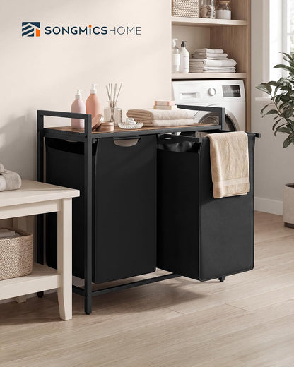 Laundry Basket Sorter with Storage Shelf, Laundry Hamper with Metal Frame, 2 x 12.1 Gallons (46 L), Gray and Rustic Brown