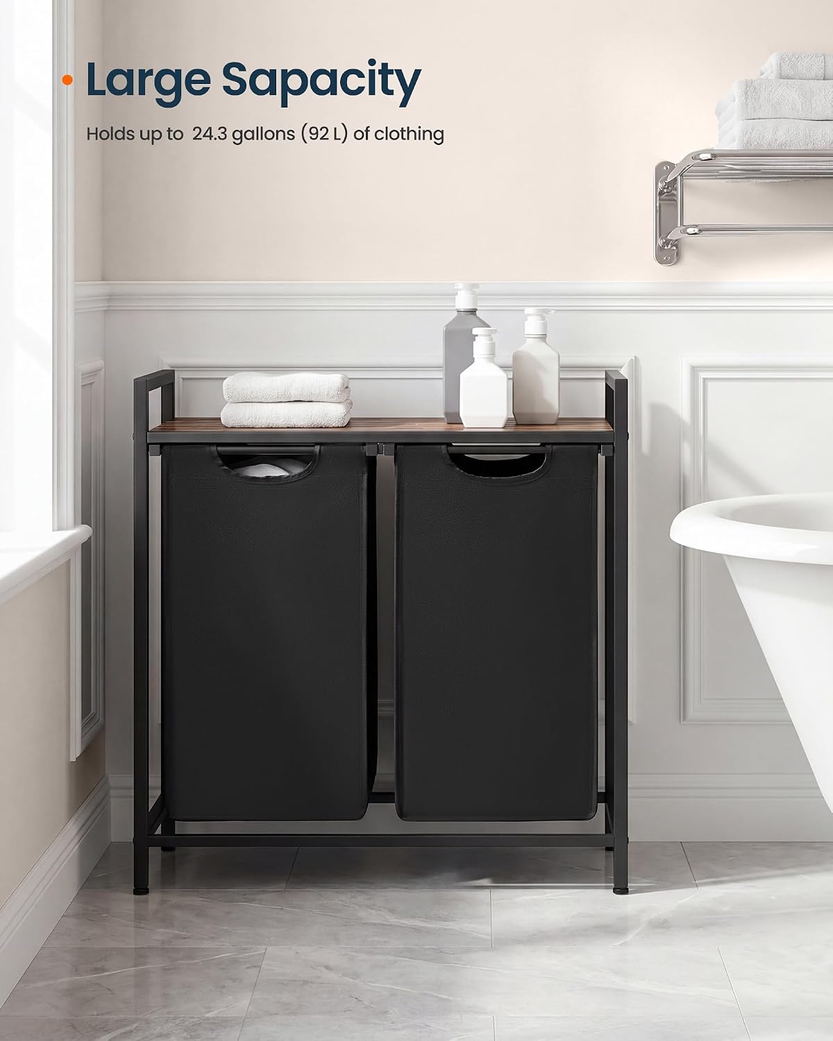 Laundry Basket Sorter with Storage Shelf, Laundry Hamper with Metal Frame, 2 x 12.1 Gallons (46 L), Gray and Rustic Brown