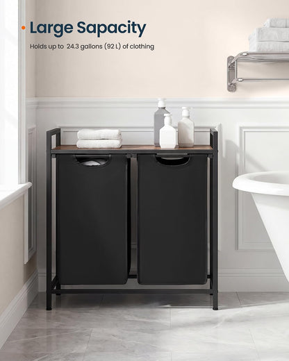 Laundry Basket Sorter with Storage Shelf, Laundry Hamper with Metal Frame, 2 x 12.1 Gallons (46 L), Gray and Rustic Brown