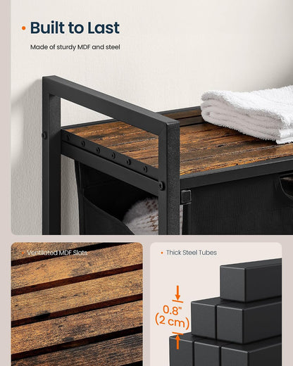 Laundry Basket Sorter with Storage Shelf, Laundry Hamper with Metal Frame, 2 x 12.1 Gallons (46 L), Gray and Rustic Brown