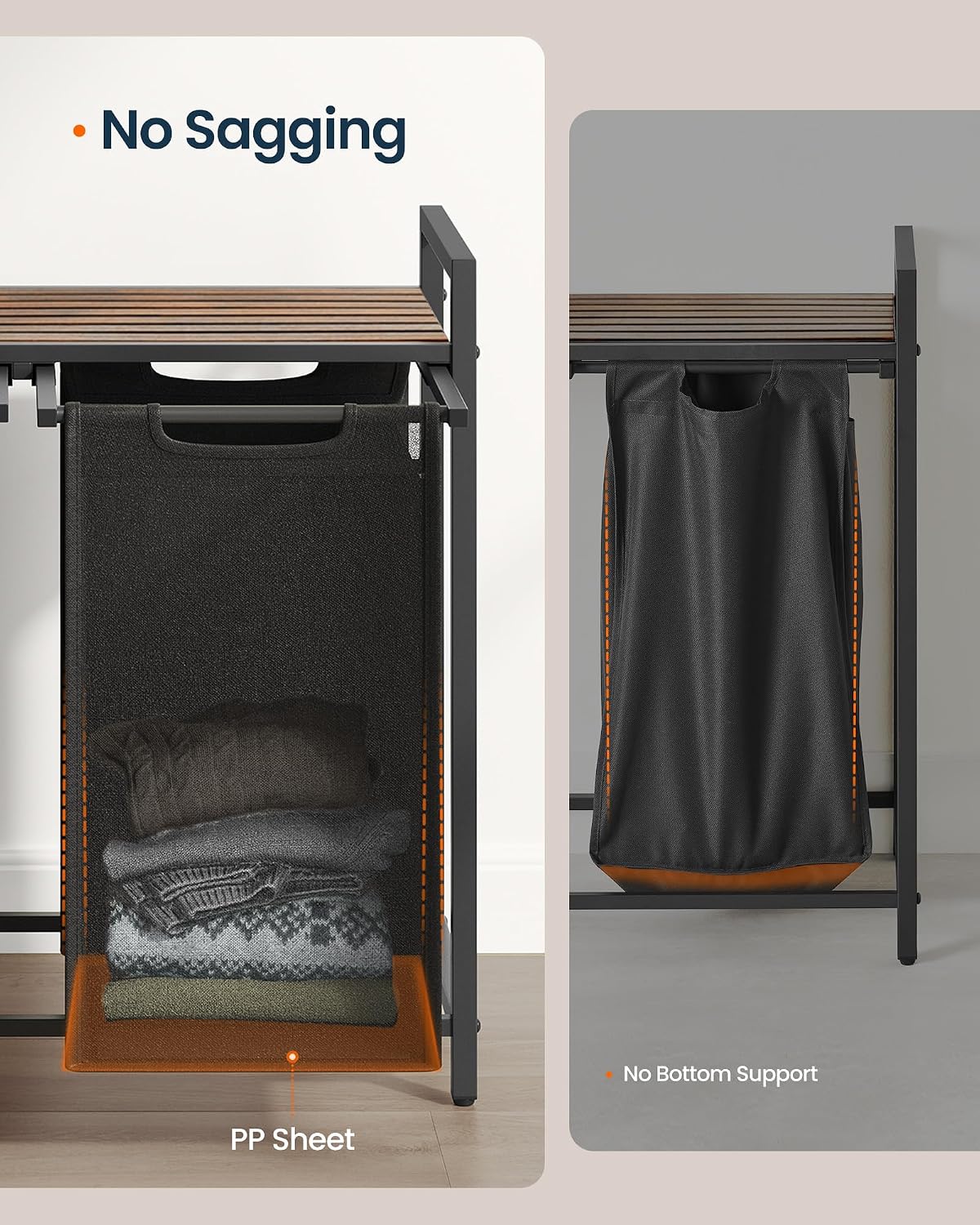 Laundry Basket Sorter with Storage Shelf, Laundry Hamper with Metal Frame, 2 x 12.1 Gallons (46 L), Gray and Rustic Brown