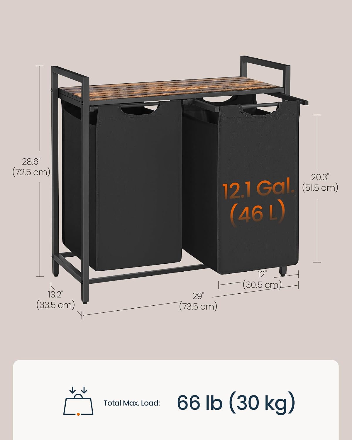 Laundry Basket Sorter with Storage Shelf, Laundry Hamper with Metal Frame, 2 x 12.1 Gallons (46 L), Gray and Rustic Brown