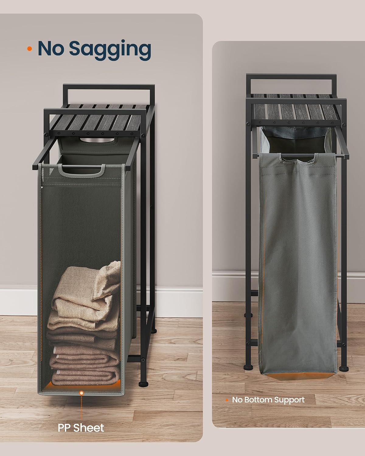 Laundry Basket Sorter with Storage Shelf, Laundry Hamper with Metal Frame, 2 x 12.1 Gallons (46 L), Gray and Rustic Brown