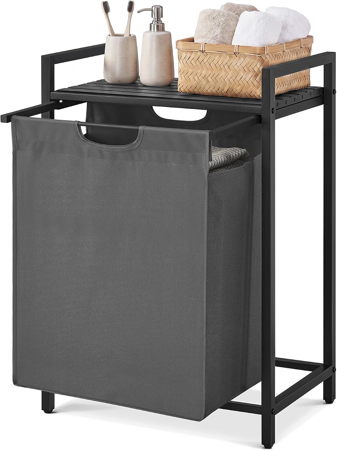 Laundry Basket Sorter with Storage Shelf, Laundry Hamper with Metal Frame, 2 x 12.1 Gallons (46 L), Gray and Rustic Brown