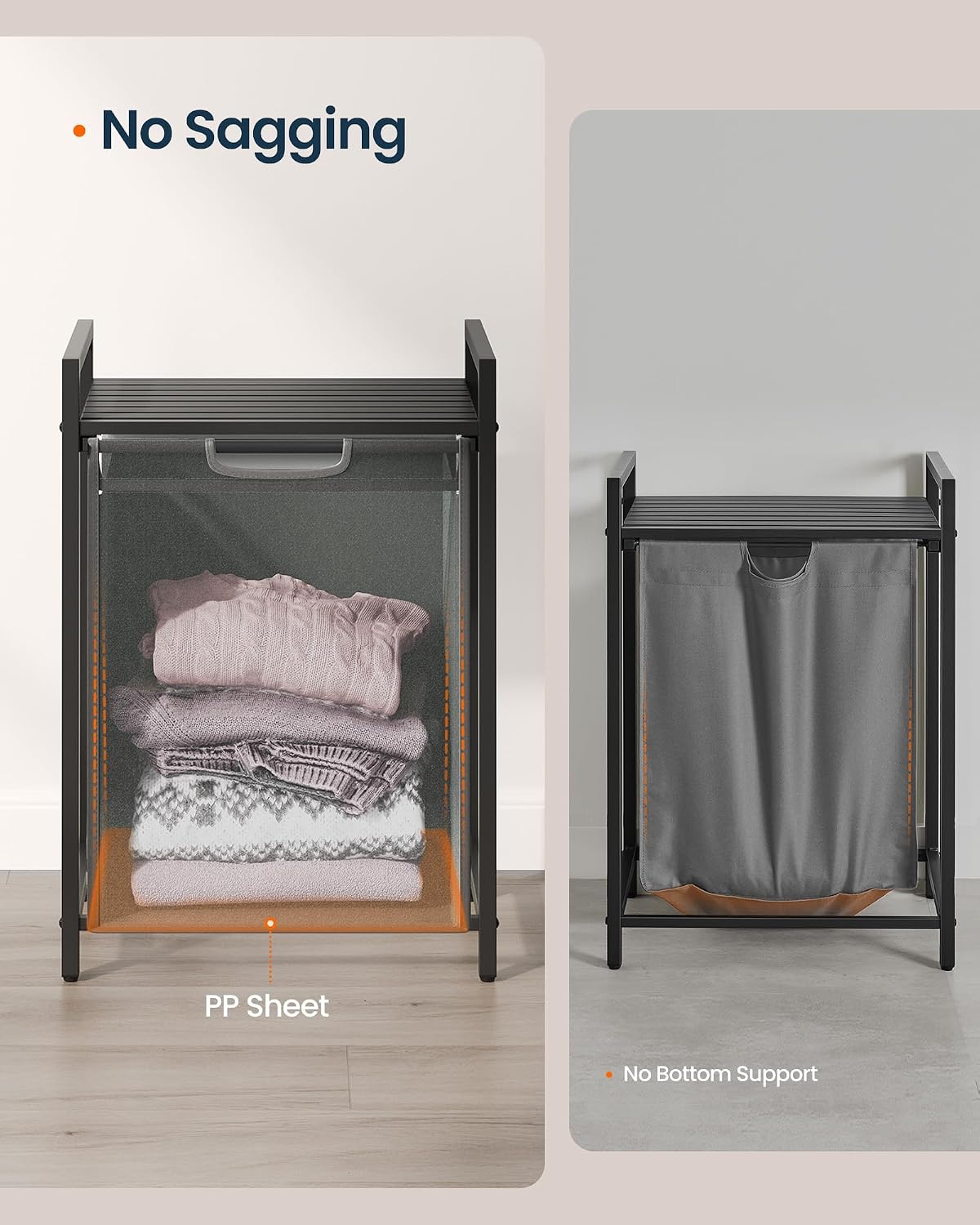 Laundry Basket Sorter with Storage Shelf, Laundry Hamper with Metal Frame, 2 x 12.1 Gallons (46 L), Gray and Rustic Brown