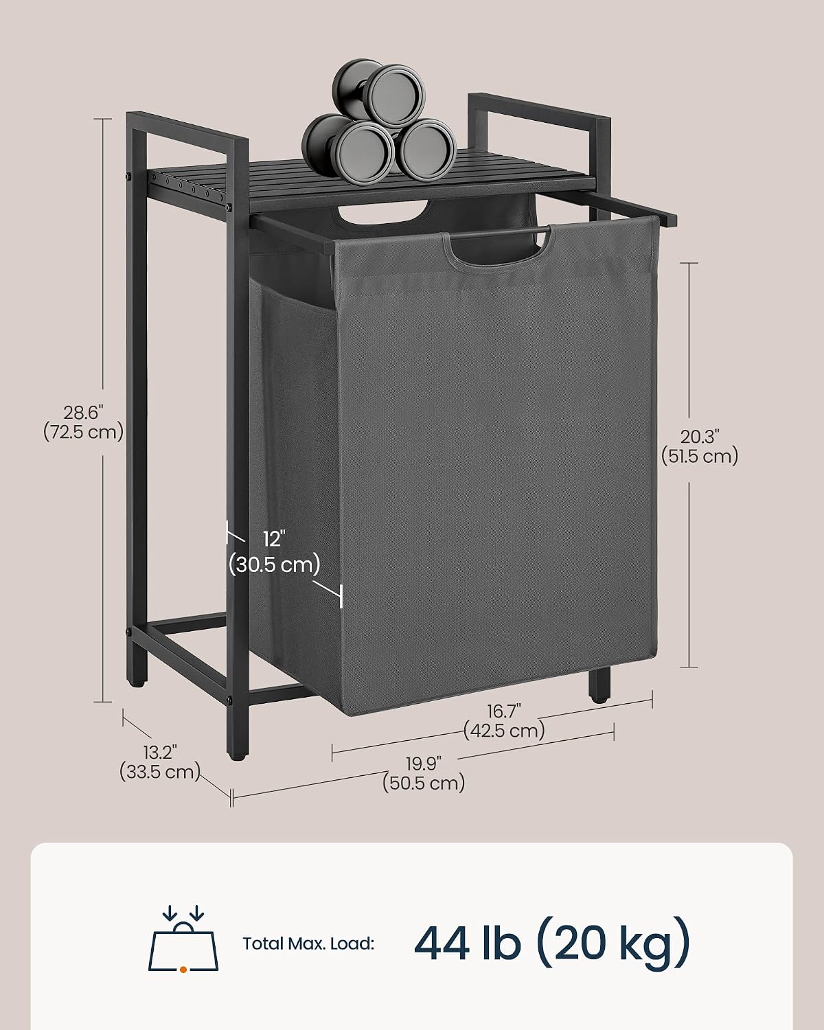 Laundry Basket Sorter with Storage Shelf, Laundry Hamper with Metal Frame, 2 x 12.1 Gallons (46 L), Gray and Rustic Brown