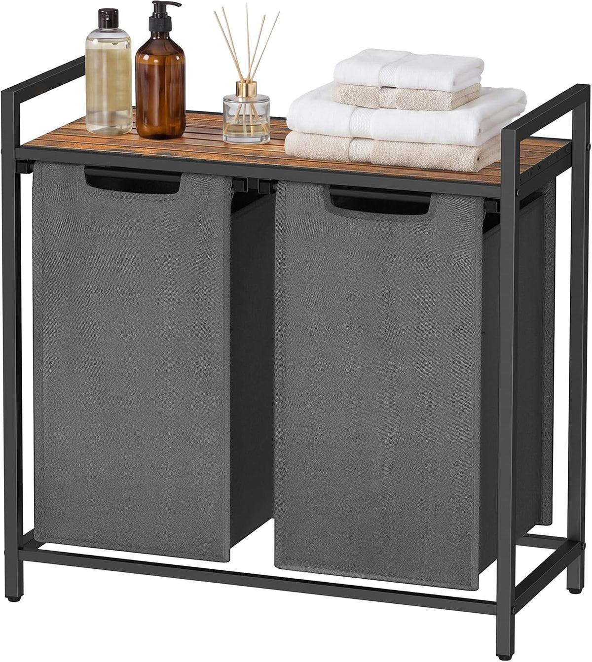 Laundry Basket Sorter with Storage Shelf, Laundry Hamper with Metal Frame, 2 x 12.1 Gallons (46 L), Gray and Rustic Brown