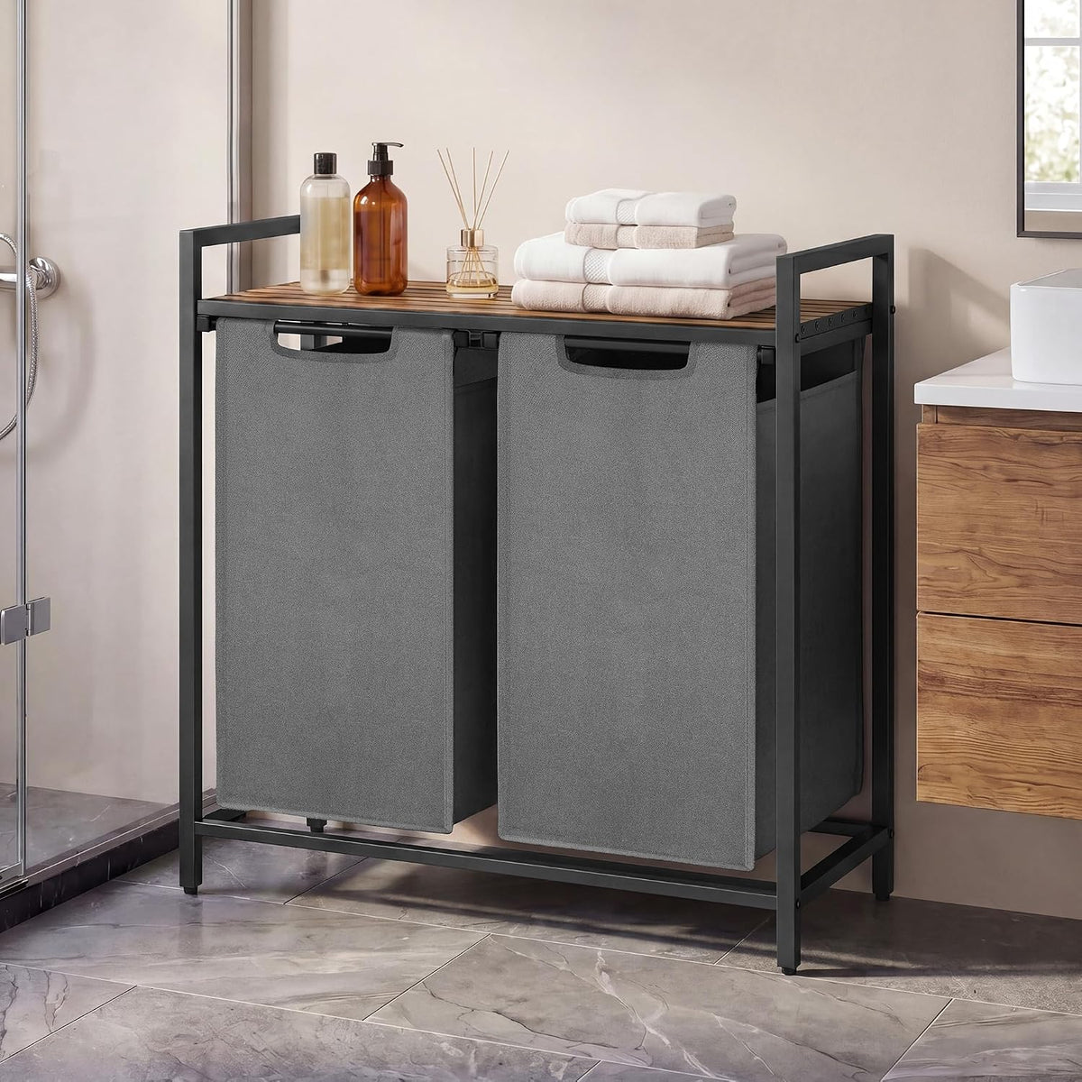 Laundry Basket Sorter with Storage Shelf, Laundry Hamper with Metal Frame, 2 x 12.1 Gallons (46 L), Gray and Rustic Brown
