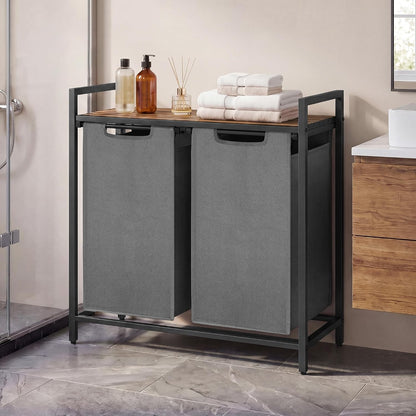 Laundry Basket Sorter with Storage Shelf, Laundry Hamper with Metal Frame, 2 x 12.1 Gallons (46 L), Gray and Rustic Brown