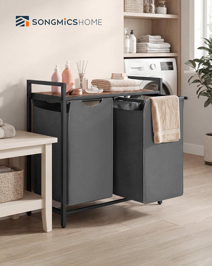 Laundry Basket Sorter with Storage Shelf, Laundry Hamper with Metal Frame, 2 x 12.1 Gallons (46 L), Gray and Rustic Brown