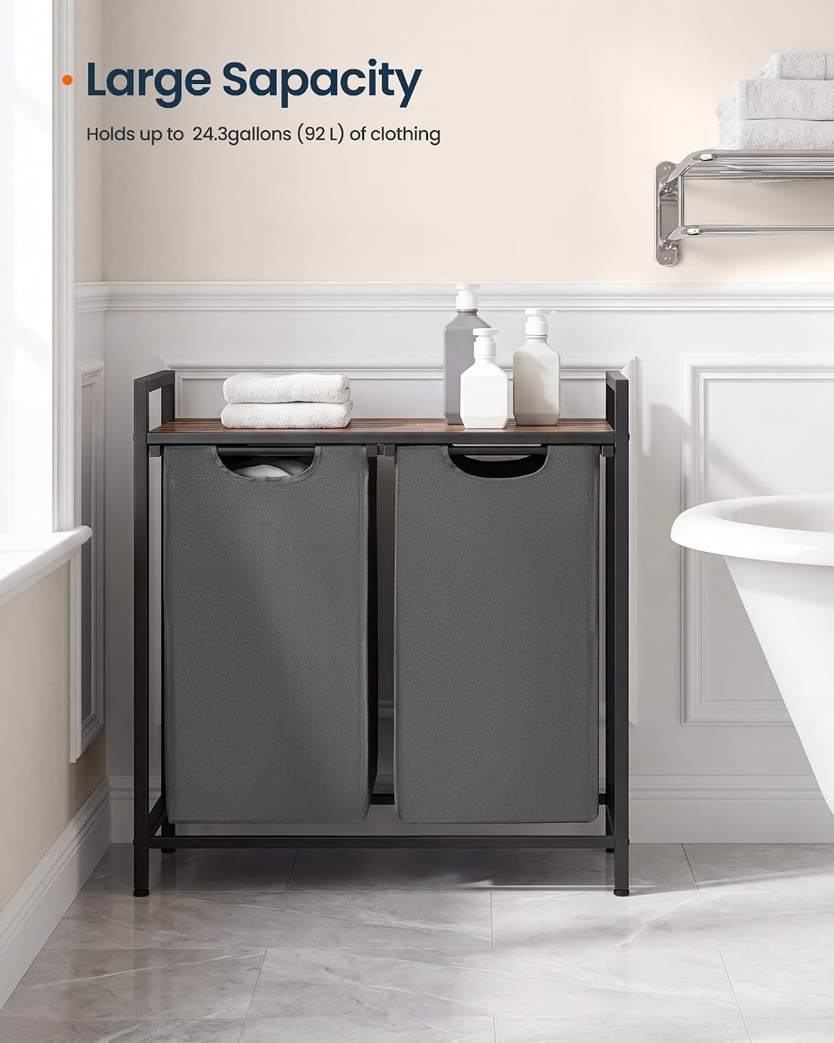 Laundry Basket Sorter with Storage Shelf, Laundry Hamper with Metal Frame, 2 x 12.1 Gallons (46 L), Gray and Rustic Brown