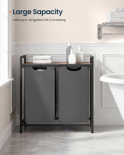 Laundry Basket Sorter with Storage Shelf, Laundry Hamper with Metal Frame, 2 x 12.1 Gallons (46 L), Gray and Rustic Brown