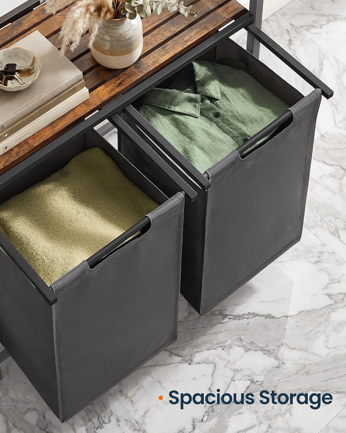 Laundry Basket Sorter with Storage Shelf, Laundry Hamper with Metal Frame, 2 x 12.1 Gallons (46 L), Gray and Rustic Brown