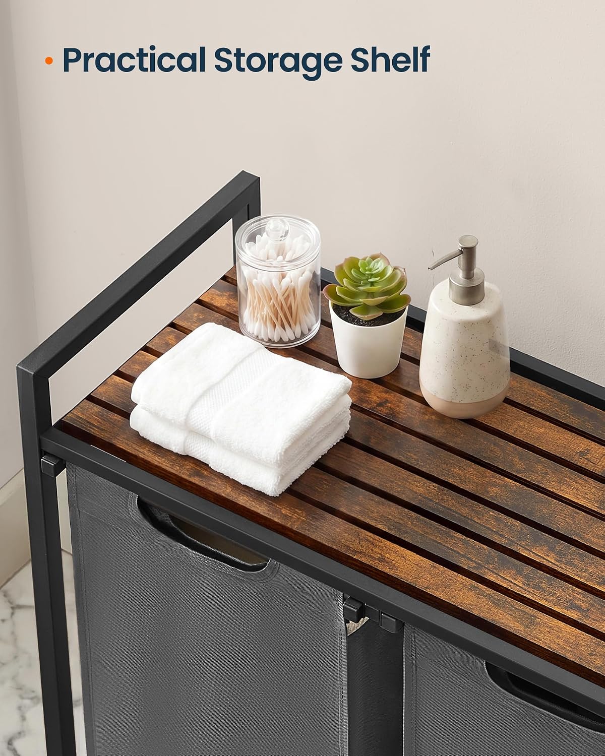 Laundry Basket Sorter with Storage Shelf, Laundry Hamper with Metal Frame, 2 x 12.1 Gallons (46 L), Gray and Rustic Brown