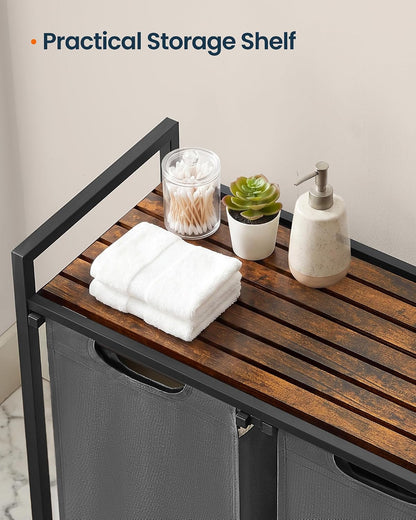 Laundry Basket Sorter with Storage Shelf, Laundry Hamper with Metal Frame, 2 x 12.1 Gallons (46 L), Gray and Rustic Brown