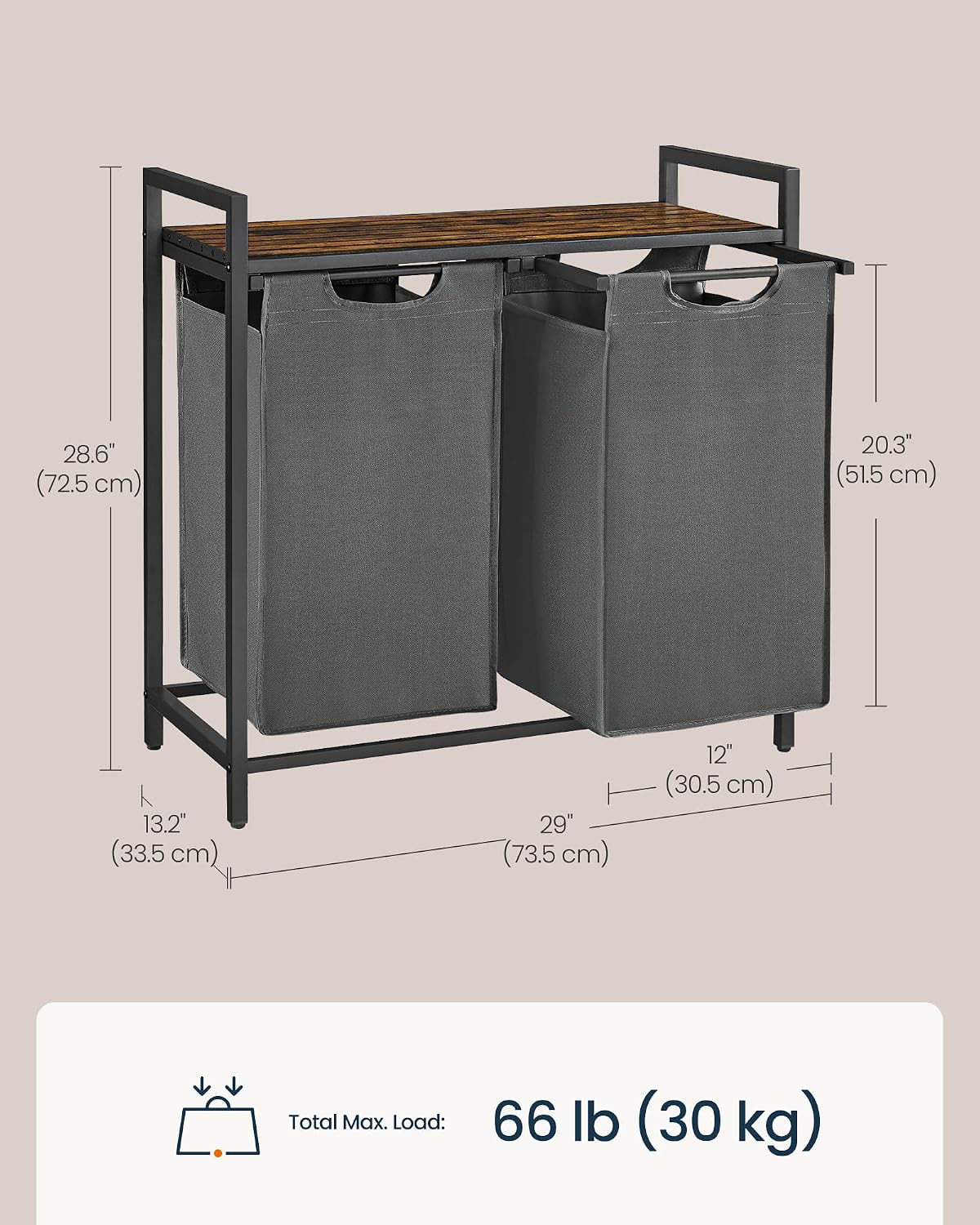 Laundry Basket Sorter with Storage Shelf, Laundry Hamper with Metal Frame, 2 x 12.1 Gallons (46 L), Gray and Rustic Brown