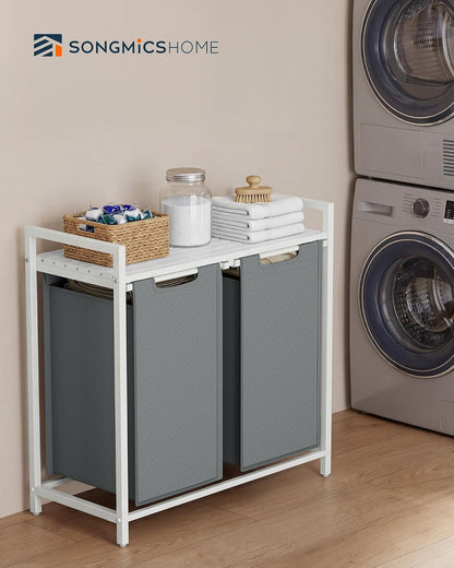 Laundry Basket Sorter with Storage Shelf, Laundry Hamper with Metal Frame, 2 x 12.1 Gallons (46 L), Gray and Rustic Brown