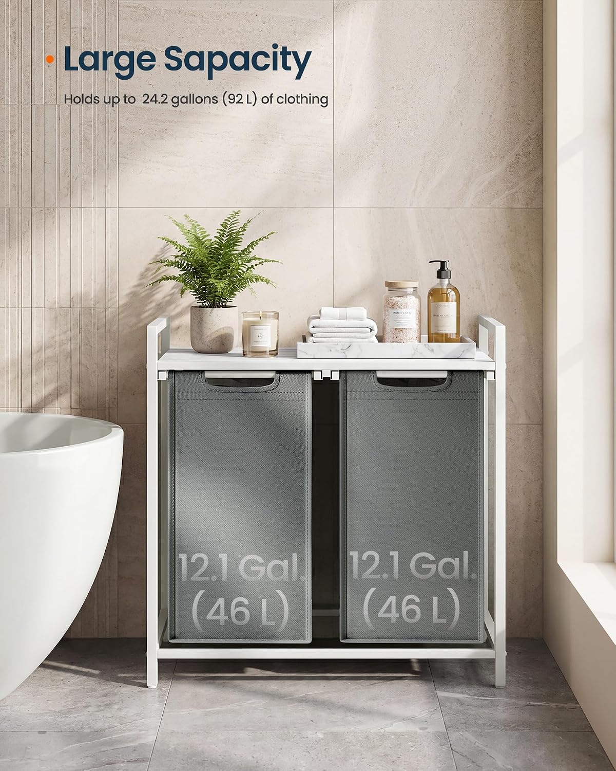 Laundry Basket Sorter with Storage Shelf, Laundry Hamper with Metal Frame, 2 x 12.1 Gallons (46 L), Gray and Rustic Brown