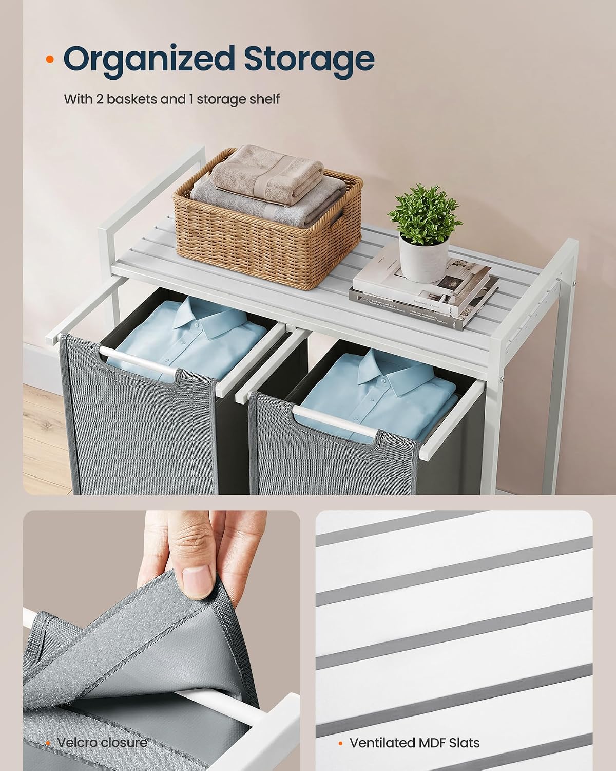 Laundry Basket Sorter with Storage Shelf, Laundry Hamper with Metal Frame, 2 x 12.1 Gallons (46 L), Gray and Rustic Brown