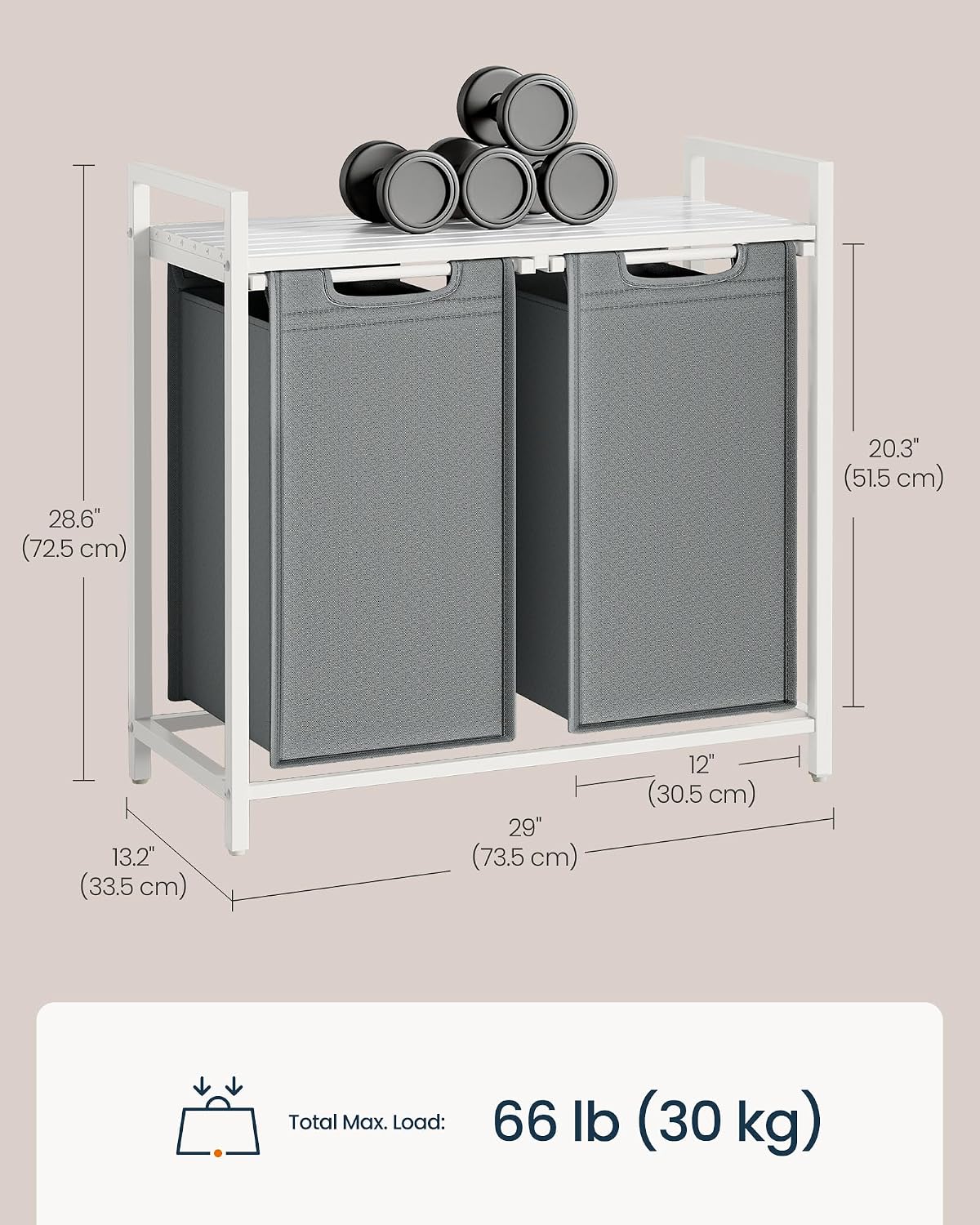 Laundry Basket Sorter with Storage Shelf, Laundry Hamper with Metal Frame, 2 x 12.1 Gallons (46 L), Gray and Rustic Brown