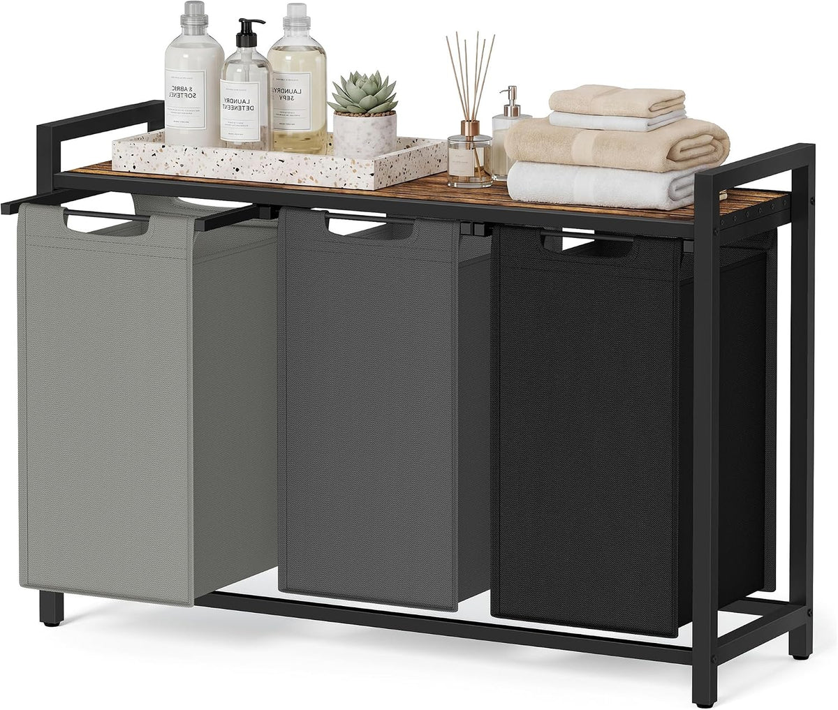 Laundry Basket Sorter with Storage Shelf, Laundry Hamper with Metal Frame, 2 x 12.1 Gallons (46 L), Gray and Rustic Brown