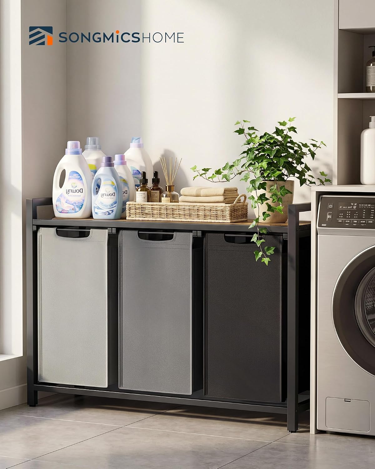 Laundry Basket Sorter with Storage Shelf, Laundry Hamper with Metal Frame, 2 x 12.1 Gallons (46 L), Gray and Rustic Brown