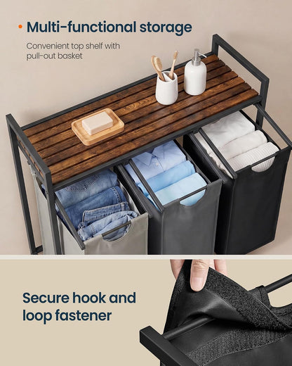 Laundry Basket Sorter with Storage Shelf, Laundry Hamper with Metal Frame, 2 x 12.1 Gallons (46 L), Gray and Rustic Brown