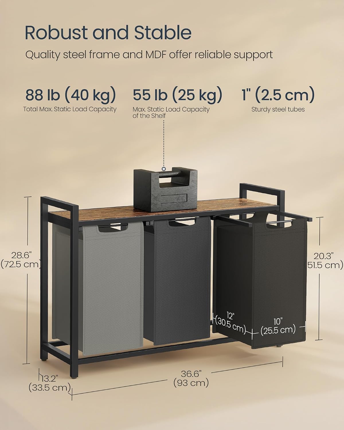 Laundry Basket Sorter with Storage Shelf, Laundry Hamper with Metal Frame, 2 x 12.1 Gallons (46 L), Gray and Rustic Brown