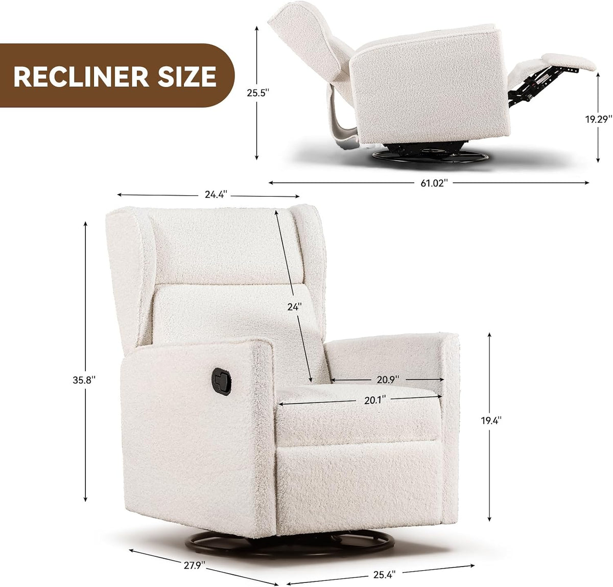 Nursery Rocking Chair Teddy Upholstered Swivel Rocker Recliner Manual Glider Reclining Chair for Living Room Bedroom Offices (Beige,1 PCS)