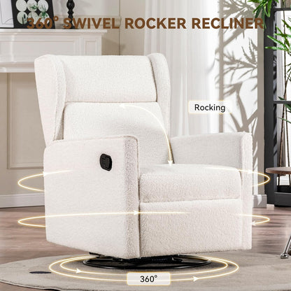 Nursery Rocking Chair Teddy Upholstered Swivel Rocker Recliner Manual Glider Reclining Chair for Living Room Bedroom Offices (Beige,1 PCS)