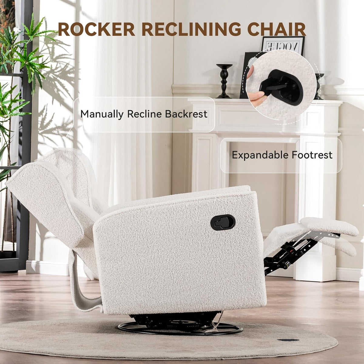 Nursery Rocking Chair Teddy Upholstered Swivel Rocker Recliner Manual Glider Reclining Chair for Living Room Bedroom Offices (Beige,1 PCS)