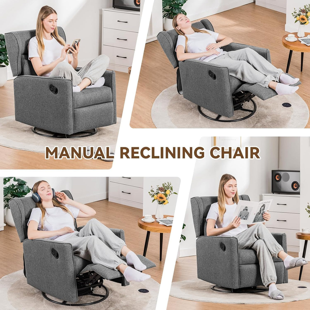 Nursery Rocking Chair Teddy Upholstered Swivel Rocker Recliner Manual Glider Reclining Chair for Living Room Bedroom Offices (Beige,1 PCS)
