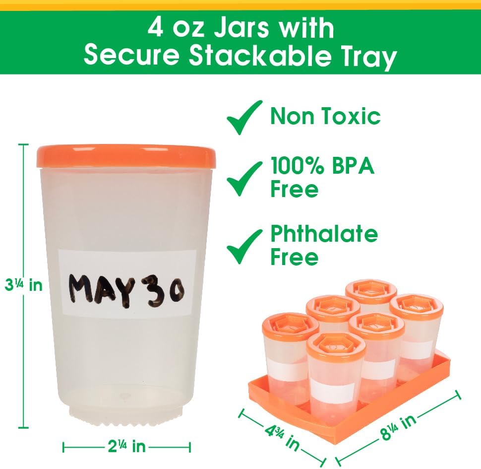 Baby Food Storage Containers w Interlocking Lids, 6 PK, 4oz Each, Reusable