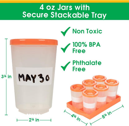 Baby Food Storage Containers w Interlocking Lids, 6 PK, 4oz Each, Reusable
