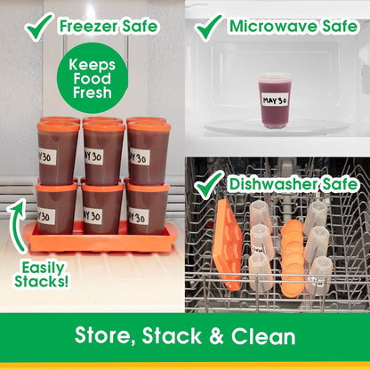 Baby Food Storage Containers w Interlocking Lids, 6 PK, 4oz Each, Reusable