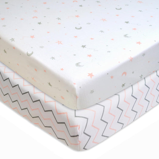 2 Pack Fitted Pack and Play Sheet 39x27",Pink Star/ZZ