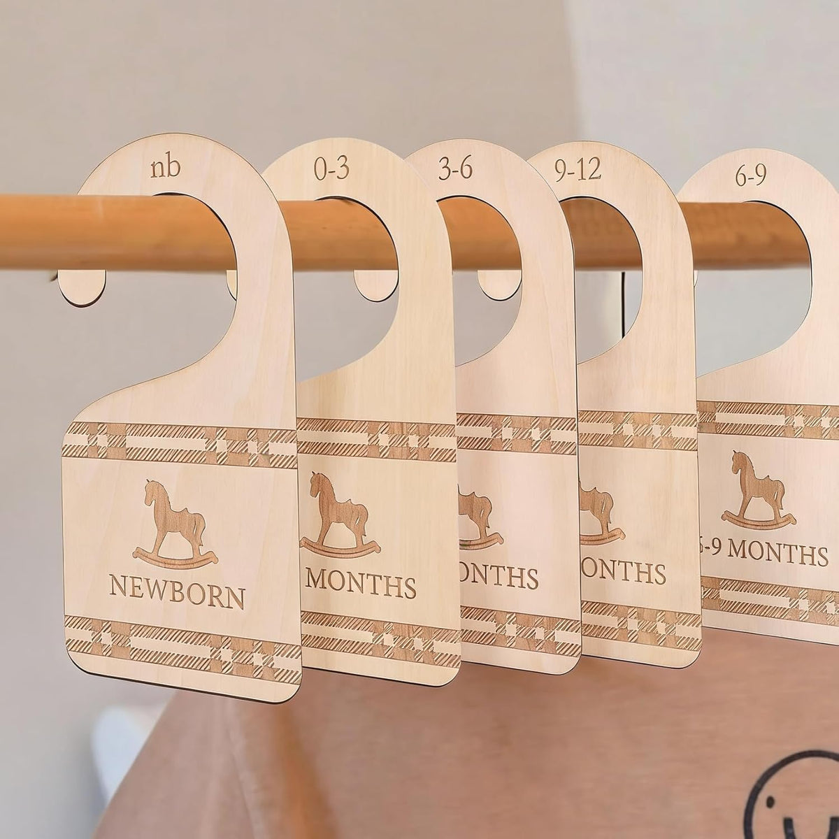 Classic Plaid Baby Closet Dividers Set of 5 - Wooden Baby Clothes Organizer, Newborn 24 Months Nursery Closet Size Markers