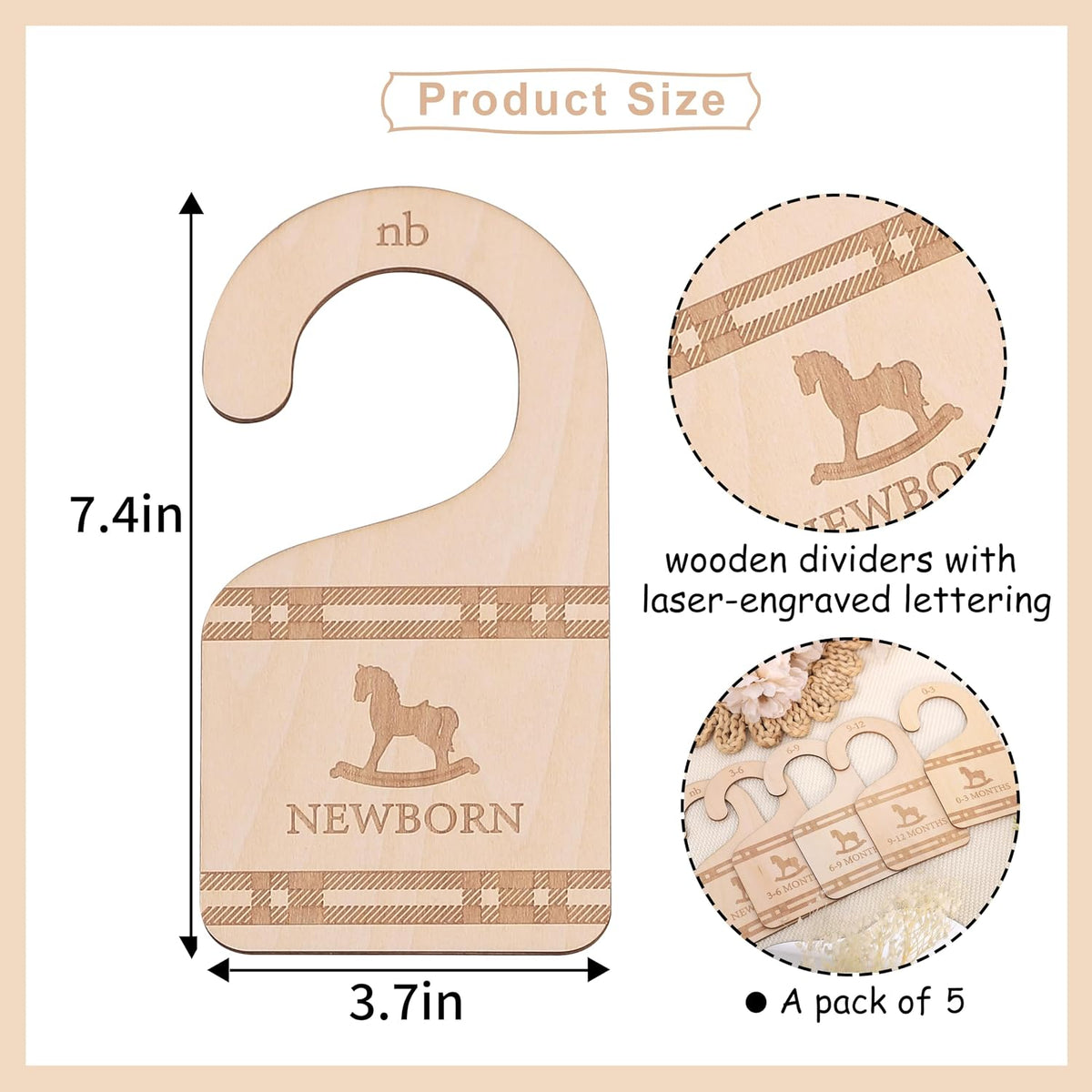 Classic Plaid Baby Closet Dividers Set of 5 - Wooden Baby Clothes Organizer, Newborn 24 Months Nursery Closet Size Markers