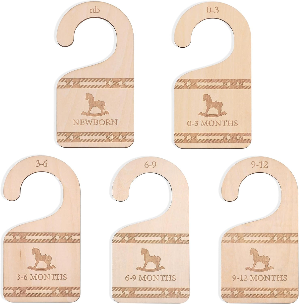 Classic Plaid Baby Closet Dividers Set of 5 - Wooden Baby Clothes Organizer, Newborn 24 Months Nursery Closet Size Markers
