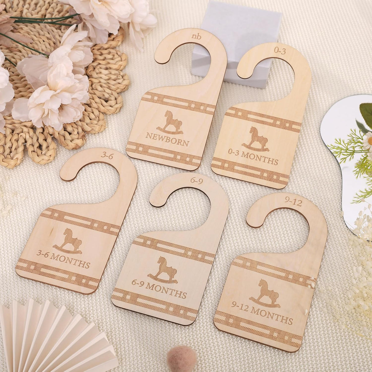 Classic Plaid Baby Closet Dividers Set of 5 - Wooden Baby Clothes Organizer, Newborn 24 Months Nursery Closet Size Markers