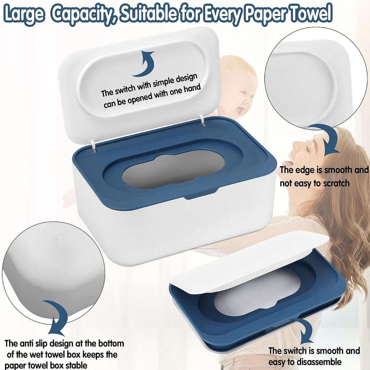 Wipes Dispenser Baby Wipe Holder with Lids, Keeps Wipes Fresh, Refillable Wipes Container with Sealing Design, Bathroom Tissues Wipes Case Box, Blue
