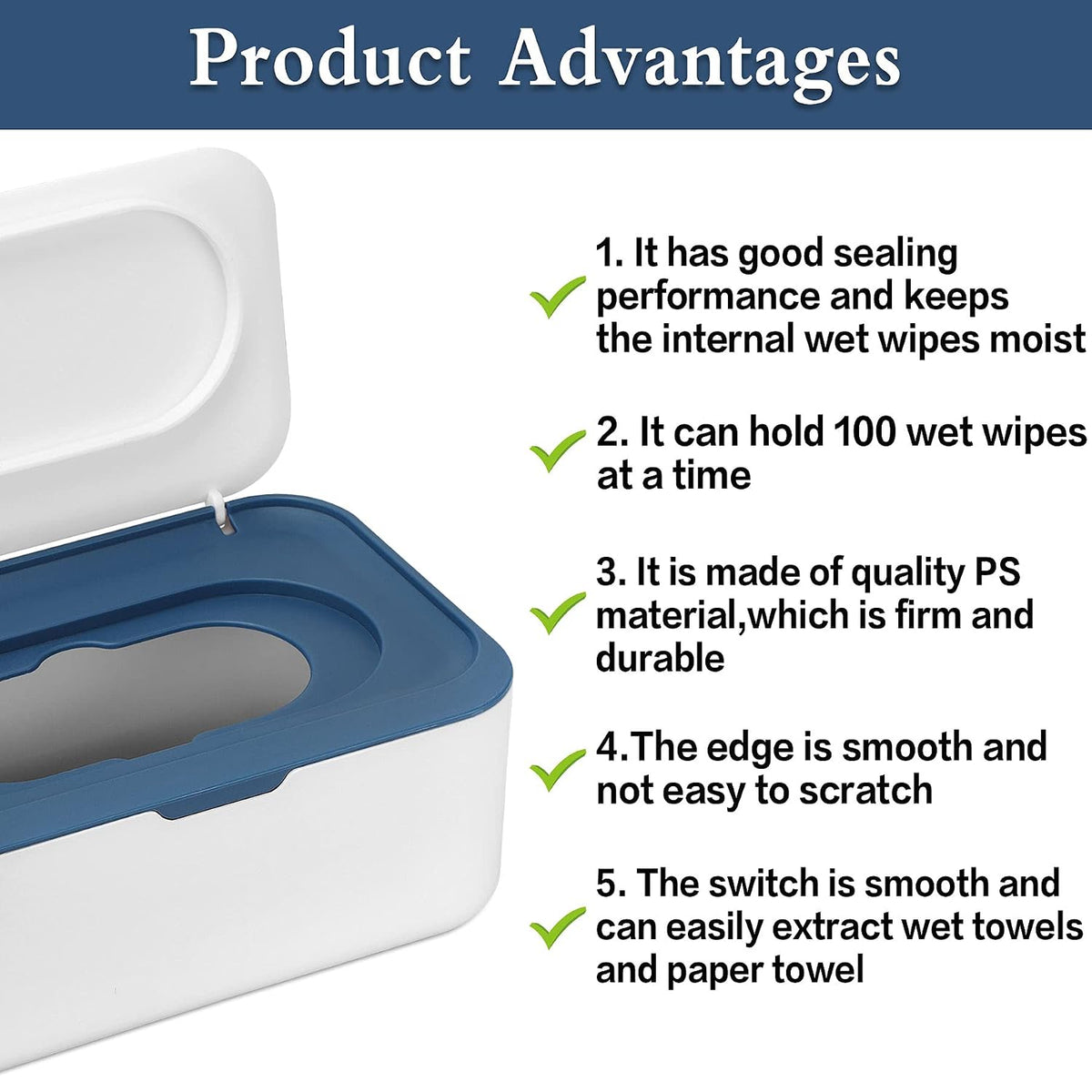 Wipes Dispenser Baby Wipe Holder with Lids, Keeps Wipes Fresh, Refillable Wipes Container with Sealing Design, Bathroom Tissues Wipes Case Box, Blue