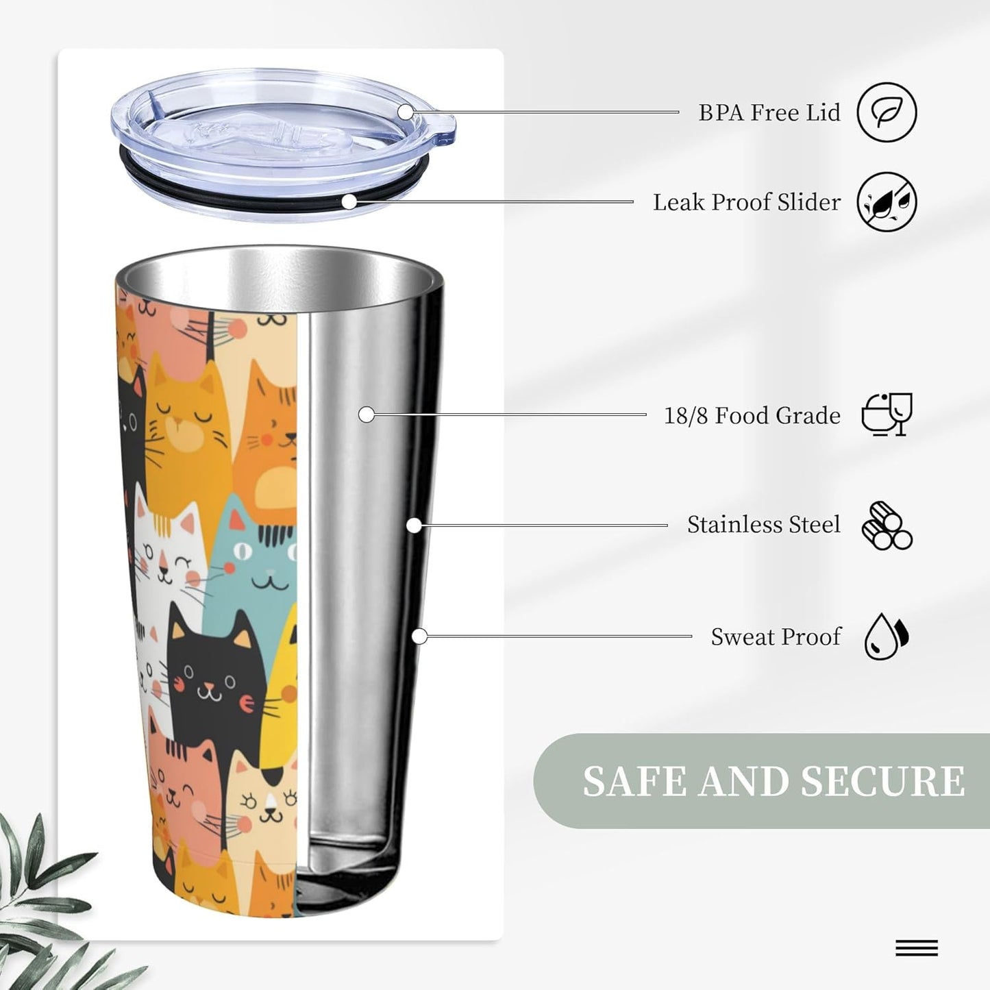 Cat Tumbler with Straw Lid Insulated Travel Coffee Mug 20 OZ Stainless Steel Cup for Outdoor Car Office Kitchen